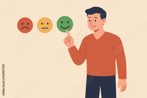Man selecting green happy smiley face icon for positive feedback rating, customer satisfaction survey, mental health assessment, mood evaluation, happiness choice concept