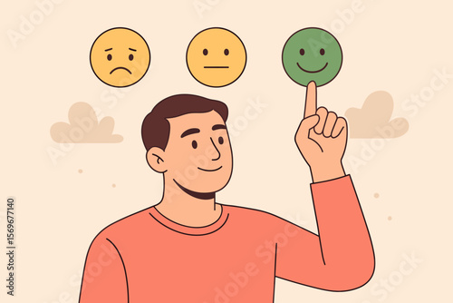 Man selecting green happy smiley face icon for feedback rating. Positive customer review, satisfaction survey, mental health assessment, emotional wellbeing, mood evaluation concept