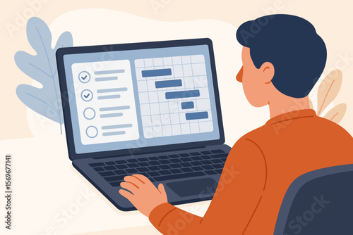 Project management technology concept. Person using laptop with digital Gantt chart, to-do list, workflow planning, productivity tools, task management, business organization