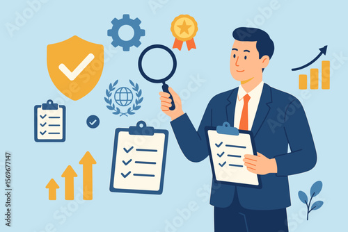 Quality management assurance control, QA QC improvement, service quality, guarantee, standards, ISO certification, standardization, audit, compliance, business success concept
