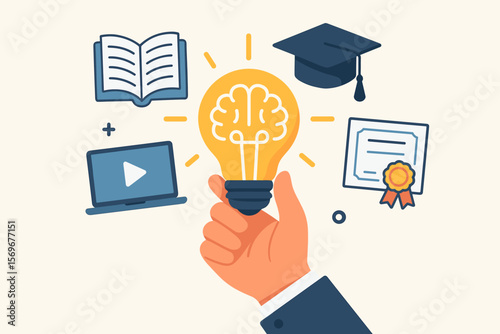 Hand holding lightbulb brain symbol, creative thinking, online education, e-learning, graduation cap, diploma, open book, laptop, knowledge, study, problem solving