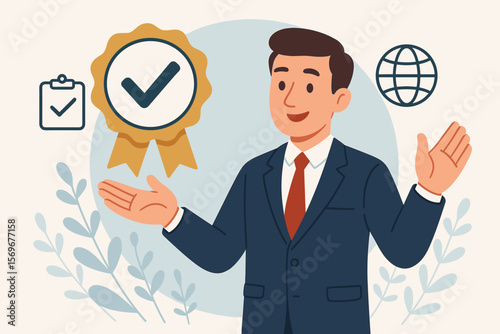 Businessman in suit with certification badge, check mark, quality assurance, trusted service, product guarantee, approval symbol, global standards, business excellence concept