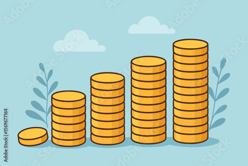 Stacked gold coins growth chart. Finance investment savings concept. Increasing money wealth. Banking, income, profit, economy, business success. Flat cartoon vector illustration