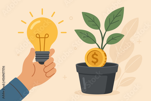 Innovative energy saving and investment concept. Hand holding light bulb, money coin growing in plant pot. Financial growth, eco-friendly idea, sustainability, green finance