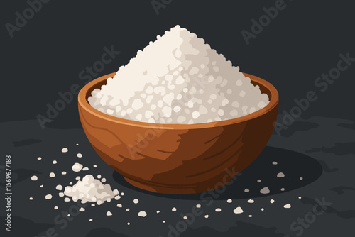 Coarse sea salt in rustic wooden bowl on dark stone table, side view. Natural mineral seasoning, cooking ingredient. Modern flat vector cartoon illustration for culinary concepts
