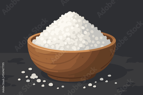 Sea salt in wooden bowl on dark stone table, coarse white salt crystals, kitchen ingredient, seasoning, culinary spice, modern flat vector cartoon food illustration