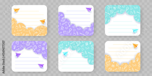 Set of colorful school themed labels with doodle pattern borders, realistic paper planes and lined space for text. Hand drawn educational templates for notebook, stickers, planners, kids tags etc.