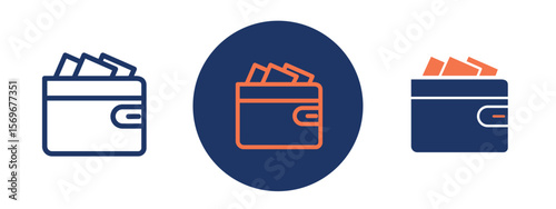 Set of pixel perfect colored Wallet icon, 1 Silhouette, 1 unexpanded, Wallet icon representing personal finance, payments, or travel budgeting.