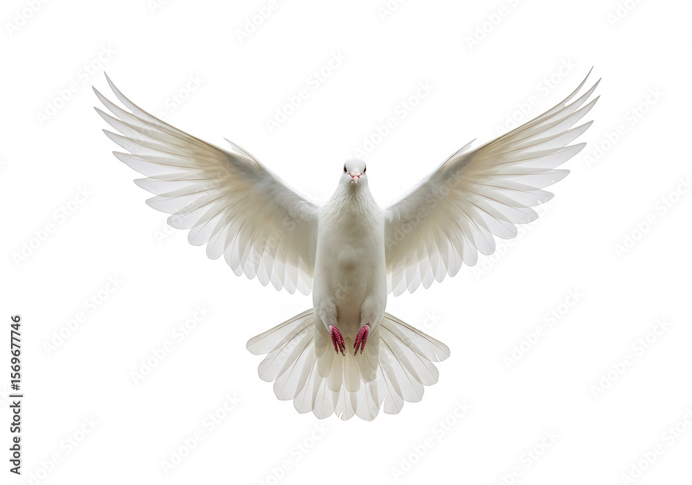 Obraz premium A white dove with its wings spread wide is flying, isolated on transparent background