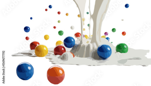 Splash of milk with bright colored marbles defying gravity isolated on transparent background