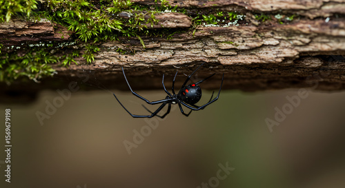 A black widow spider hanging upside down from a web strand under a wooden log, with soft blur of moss and bark behind her.