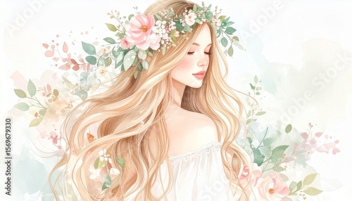 Watercolor Art Fashion Beauty Woman concept. Portrait of a woman with long hair and floral accents.