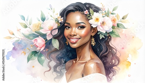 Watercolor Art Fashion Beauty Woman concept. Beautiful woman adorned with flowers in a watercolor illustration.