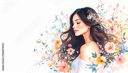 Watercolor Art Fashion Beauty Woman concept. A woman surrounded by colorful flowers in an artistic style.