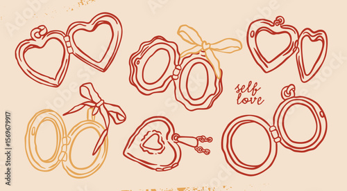 Various lockets set. Heart, round, lacy shapes. Trendy outline style. Locket pendant with ribbon. Hand drawn modern Vector illustration. Isolated design elements. Jewelry, accessories concept