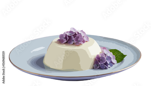  Plate of panna cotta with beautiful hydrangea flowers isolated on transparent background 