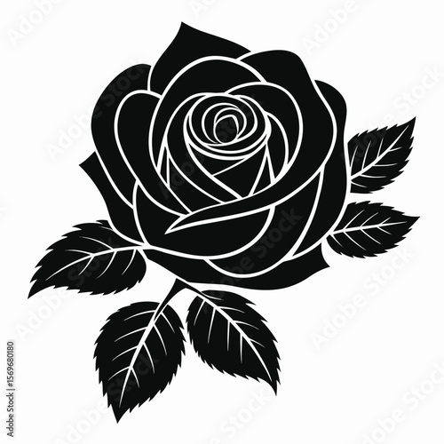 Simple Rose Silhouette in Black and White for Nature and Botanical Themes
