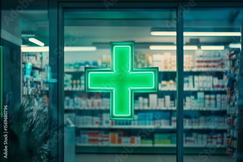 A green cross sign on the window of a pharmacy or medical store, with shelves of products visible in the background.