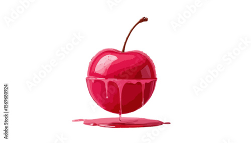 Pink sphere with a red cherry inside dripping delight isolated on transparent background