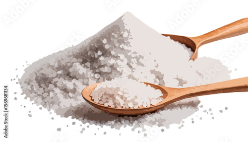 Pile of coarse salt with wooden spoon isolated on transparent background