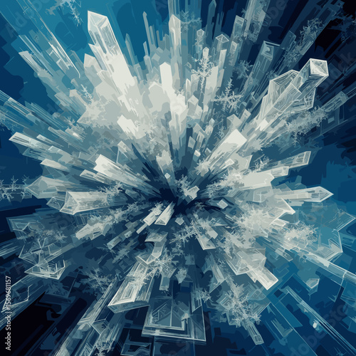 Abstract ice crystals, futuristic mood, exploding in a digital environment, cool color palette