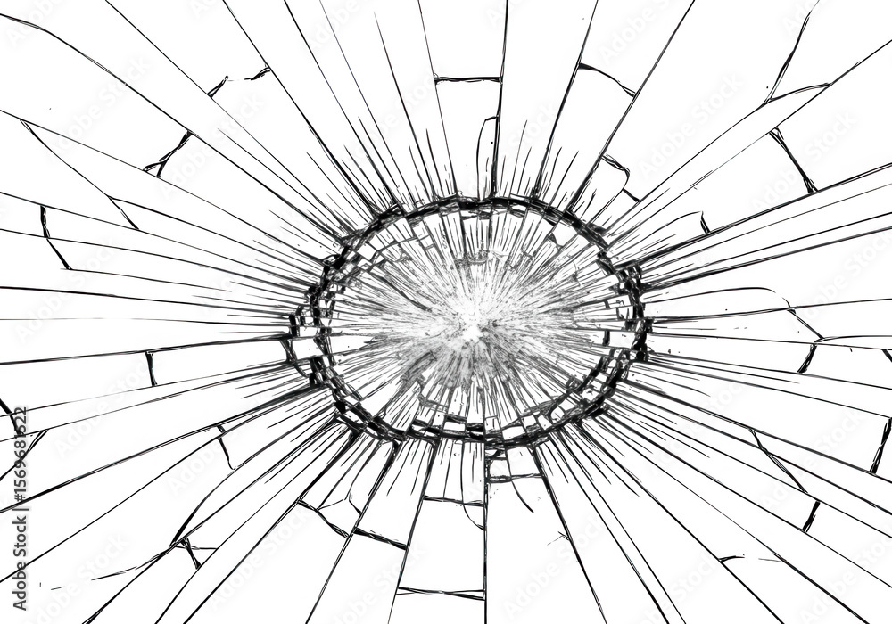 Obraz premium A shattered glass with radial cracks creates a dramatic and abstract pattern, isolated on transparent background, symbolizing fragility