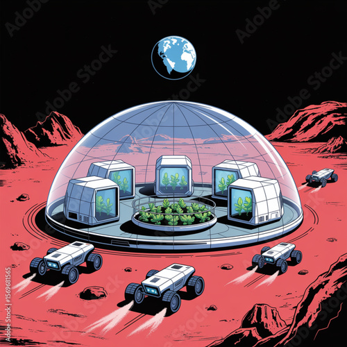 Martian Colony with Geodesic Domes and Rovers