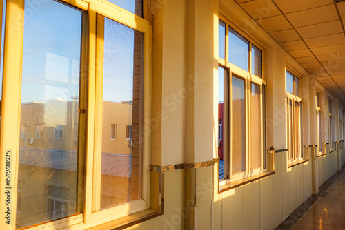 The hospital corridors and windows at sunrise in the early morning