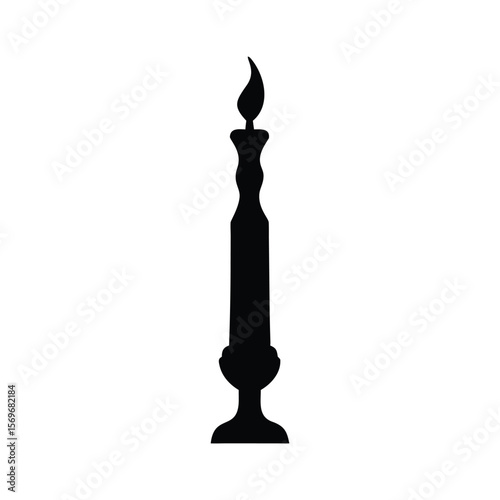 Close-up of an old, vintage metal candlestick with a candle, isolated on a white background A minimalist silhouette illustration of a single tall black candle in an ornate classic black candles