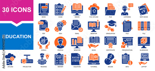Vector set of education fill collection. Containing book, file, maths, laptop, monitor.
