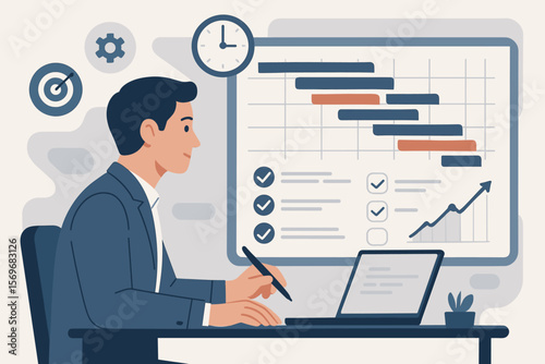 Project manager analyzing Gantt chart schedule. Businessman planning tasks and tracking workflow progress. Business timeline, deadline execution, and strategy concept vector.