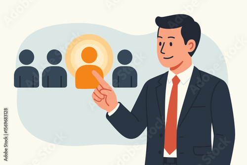 Businessman selects highlighted person icon symbolizing recruitment, candidate selection, hiring. Human resources, talent acquisition, headhunting. Target marketing concept.