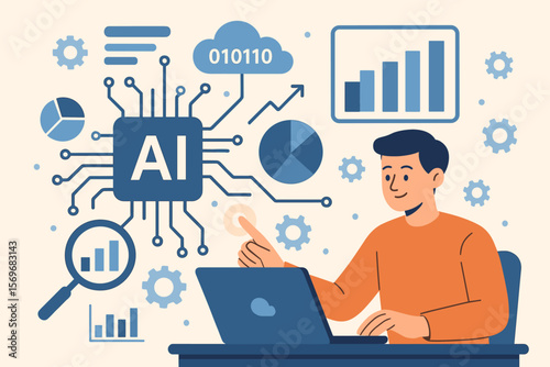 AI and big data analysis concept. Data scientist working on a laptop. Artificial intelligence for business analytics, machine learning, cloud computing, information processing.