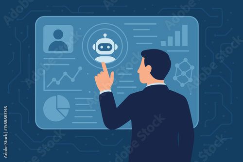 Businessman interacts with AI agent on virtual dashboard. Artificial intelligence control, data analysis, business intelligence, digital assistant, and future technology concept.