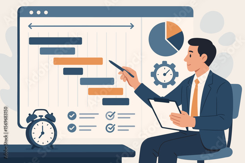 Project management concept with businessman analyzing Gantt chart. Workflow progress tracking, strategic planning, and scheduling timeline. Task management and deadline vector.
