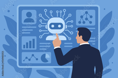 AI agent command interface with businessman touching virtual dashboard. Concept of artificial intelligence control, data analysis, chatbot, digital assistant and automation.