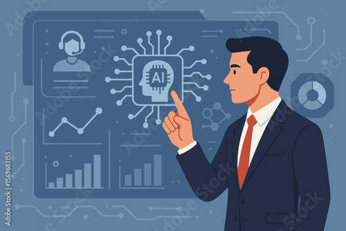 Artificial intelligence concept. Businessman interacting with futuristic AI dashboard. Man managing data analysis, business automation, and digital assistant on virtual screen.