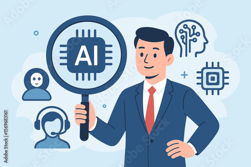 Businessman analyzing AI technology with magnifying glass. Artificial intelligence concept for chatbot, machine learning, smart agents, digital transformation and business automation.