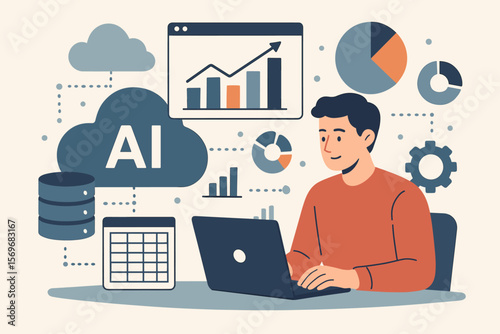 Artificial intelligence and big data management concept. Data analyst working with laptop on cloud analytics, information processing. Business intelligence and data science vector.