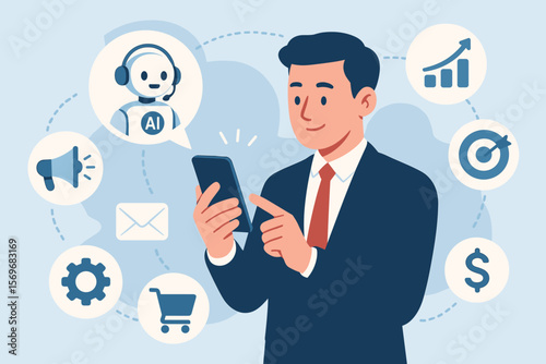 AI digital marketing solution. Businessman with smartphone using virtual assistant, chatbot for automation, online commerce, fintech, analytics. Business strategy and growth.