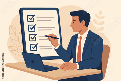 Business performance checklist. Businessman completing an online survey, filling out a digital form for assessment. Concept of evaluation, questionnaire, and task management.