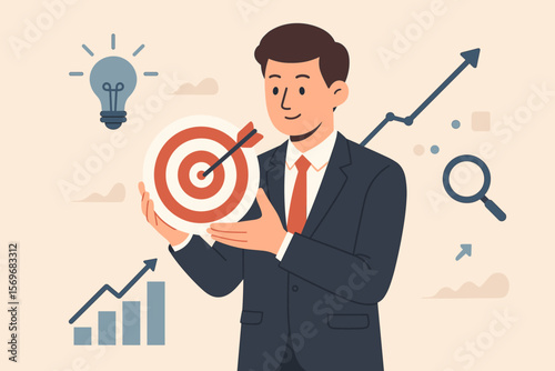 Business goal and target success concept. Businessman holding dartboard with arrow. Strategy for leader investing in assets, finance with trend graph, analysis and ideas.