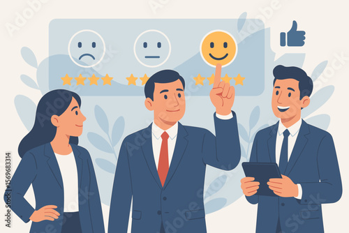 Business people give positive feedback on a virtual screen. Customer satisfaction concept with a happy face icon, five stars, and a thumbs up. Excellent service and review.