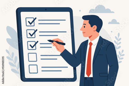 Businessman completing online checklist. Business performance review concept. Man filling out digital form survey on tablet. Assessment, questionnaire, evaluation illustration.