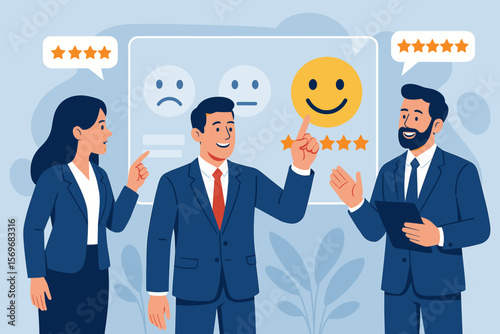 Customer satisfaction concept. Business people giving positive feedback and a five-star rating. Excellent service review with a happy smiley face icon on a virtual interface.