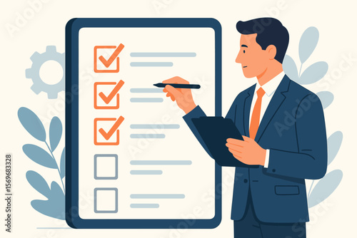 Business performance checklist with a businessman completing an online survey. Concept of evaluation, assessment, questionnaire, and filling out a digital form for task management.