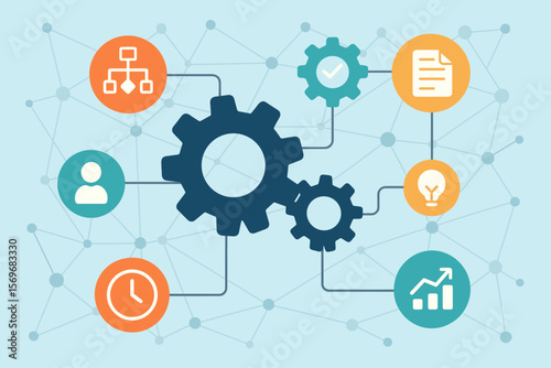 Business process management infographic. Workflow automation diagram with gears and connected icons for project planning, productivity, strategy, and business growth concept.