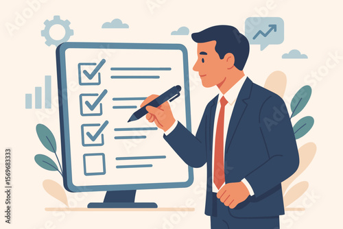 Business performance checklist. Businessman completing online survey, filling digital form. Man with pen taking an assessment, questionnaire, or evaluation. Task management.
