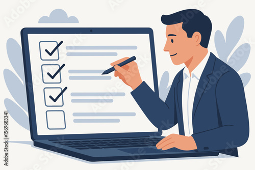 Business performance checklist. Businessman with laptop doing online survey, filling digital form. Man ticking box for assessment, questionnaire, task management or to-do list.