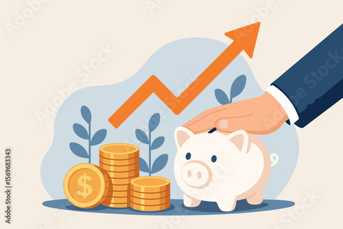 Financial planning and saving money concept vector. Businessman hand on piggy bank with stacks of coins and growth arrow. Investment, wealth, business success, and profit.